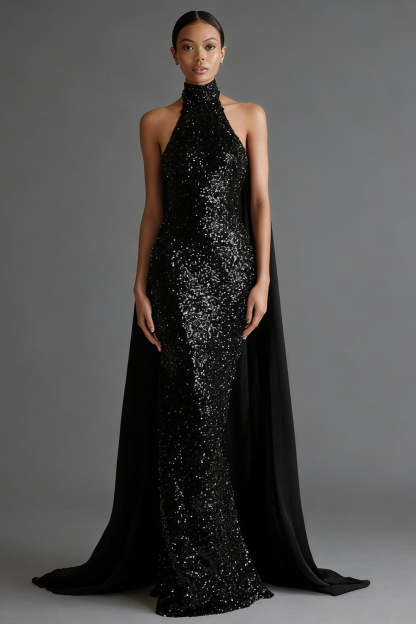 Leely Women Sparkly Maxi Formal Dress with Cape High Neck Sheath Backless Black Tie Dress with Beading