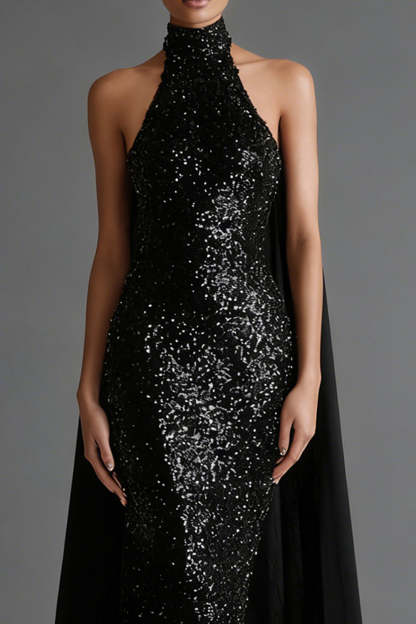Sparkly Black High Neck Sheath Backless Maxi Formal Dress with Cape