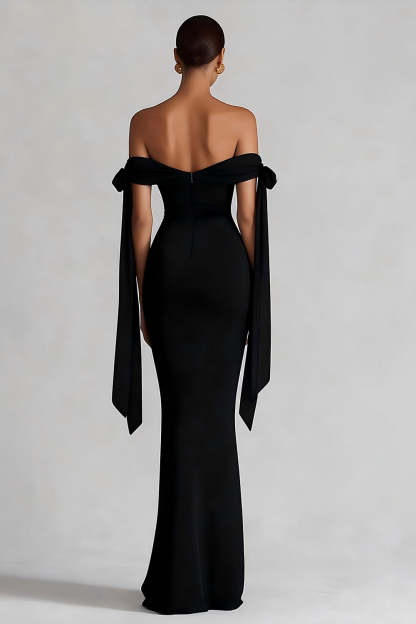 Simple Black Off the Shoulder Maxi Evening Dress with Ribbon