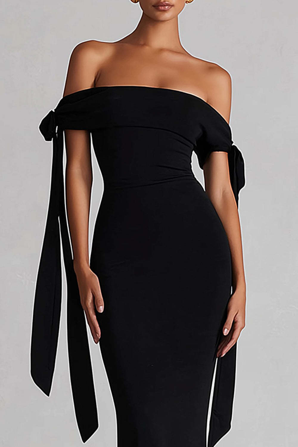 Simple Black Off the Shoulder Maxi Evening Dress with Ribbon