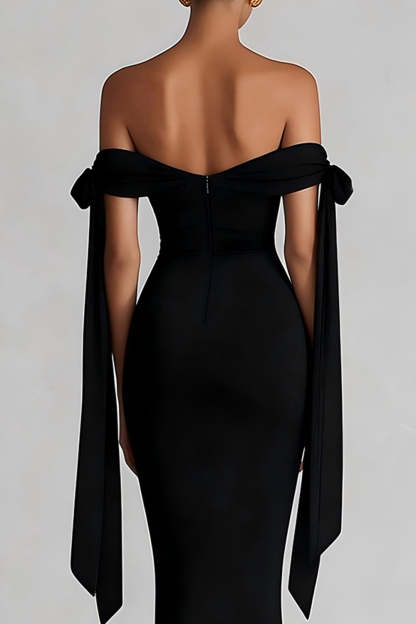 Simple Black Off the Shoulder Maxi Evening Dress with Ribbon