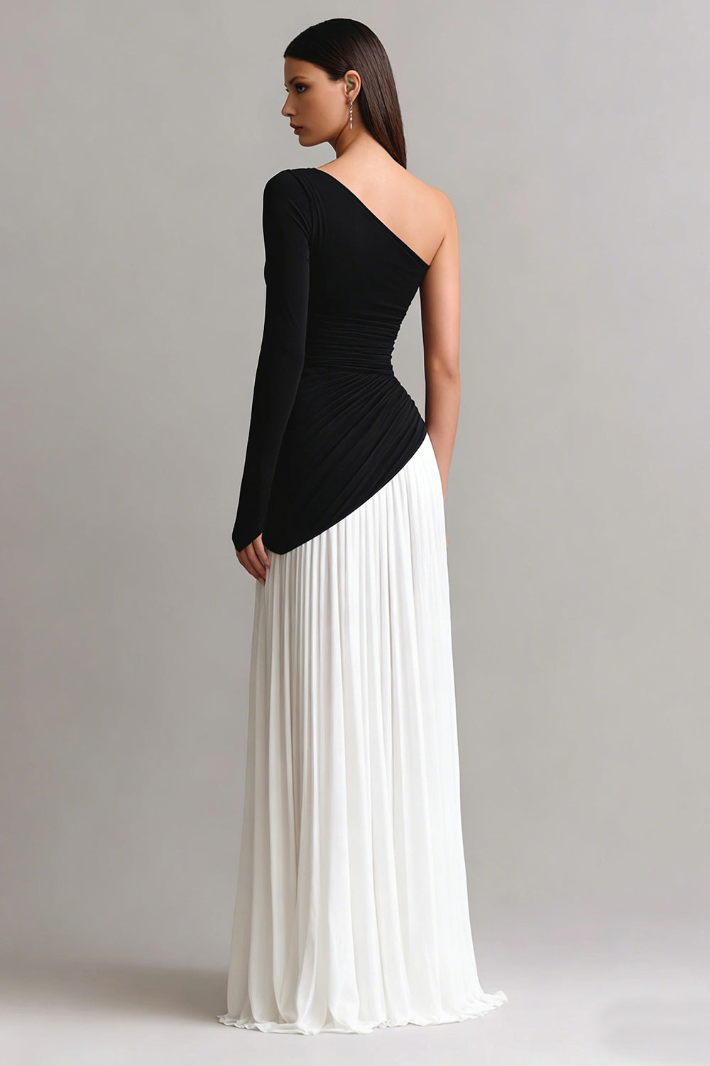 Simple Black and White One Shoulder Ruched Maxi Evening Dress with Sleeves