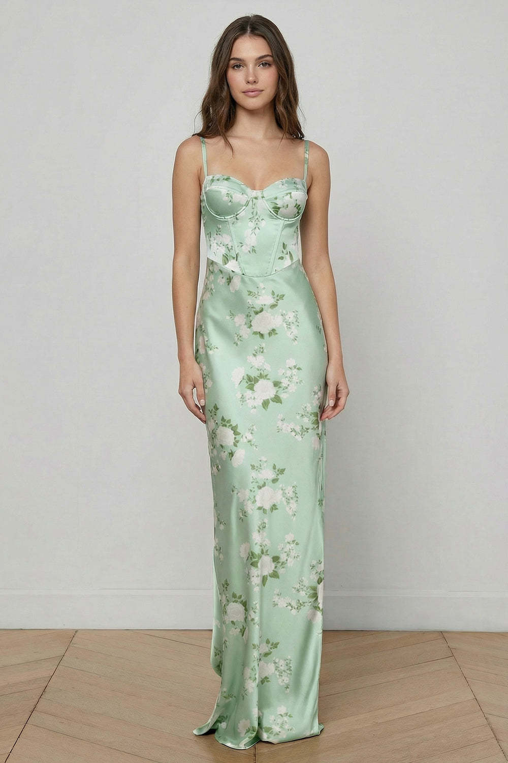 Leely Women Floral Sage Green Maxi Corset Bridesmaid Dress Spaghetti Straps Satin Sheath Lace Up Back Wedding Guest Dress