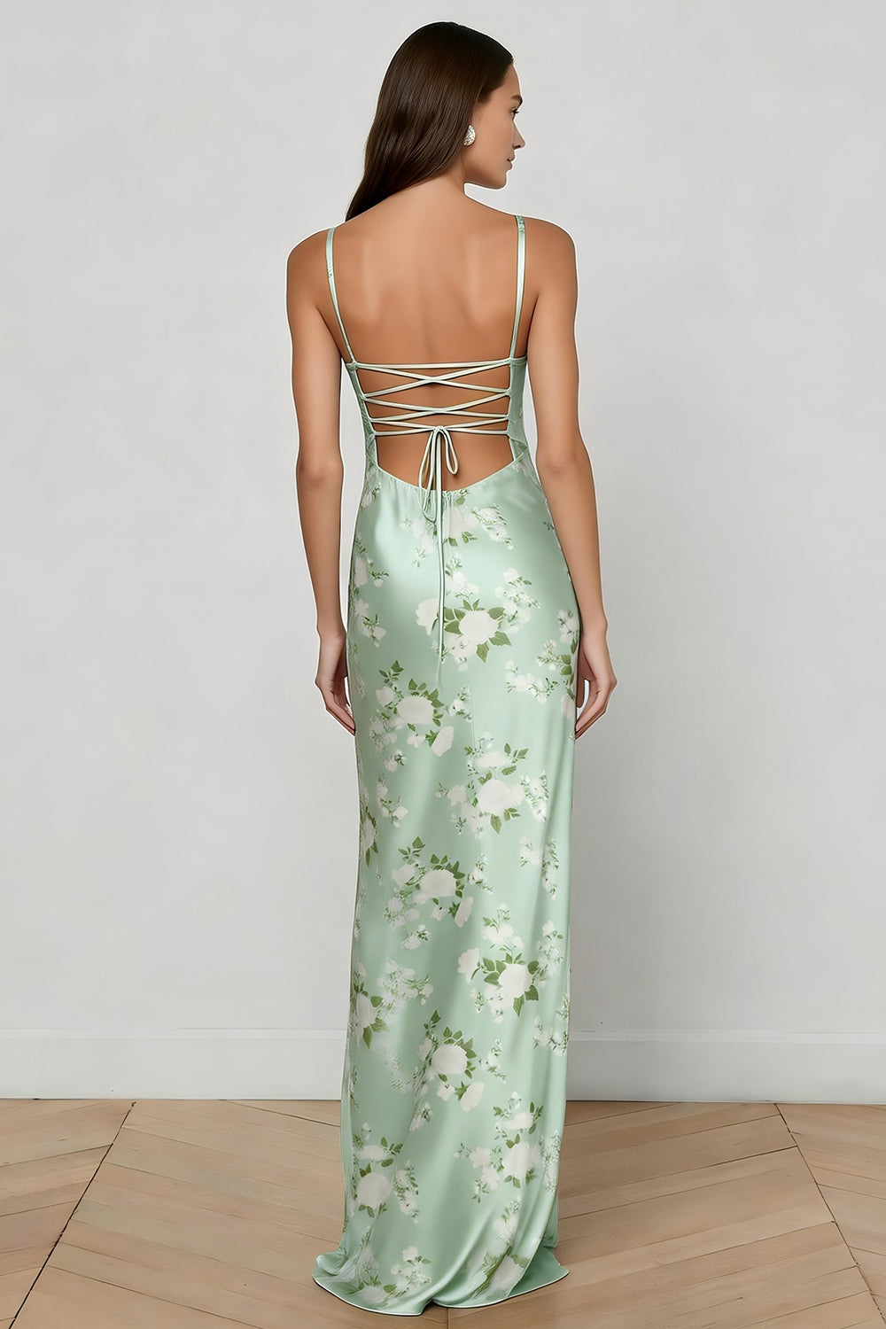 Floral Sage Green Spaghetti Straps Maxi Corset Bridesmaid Dress