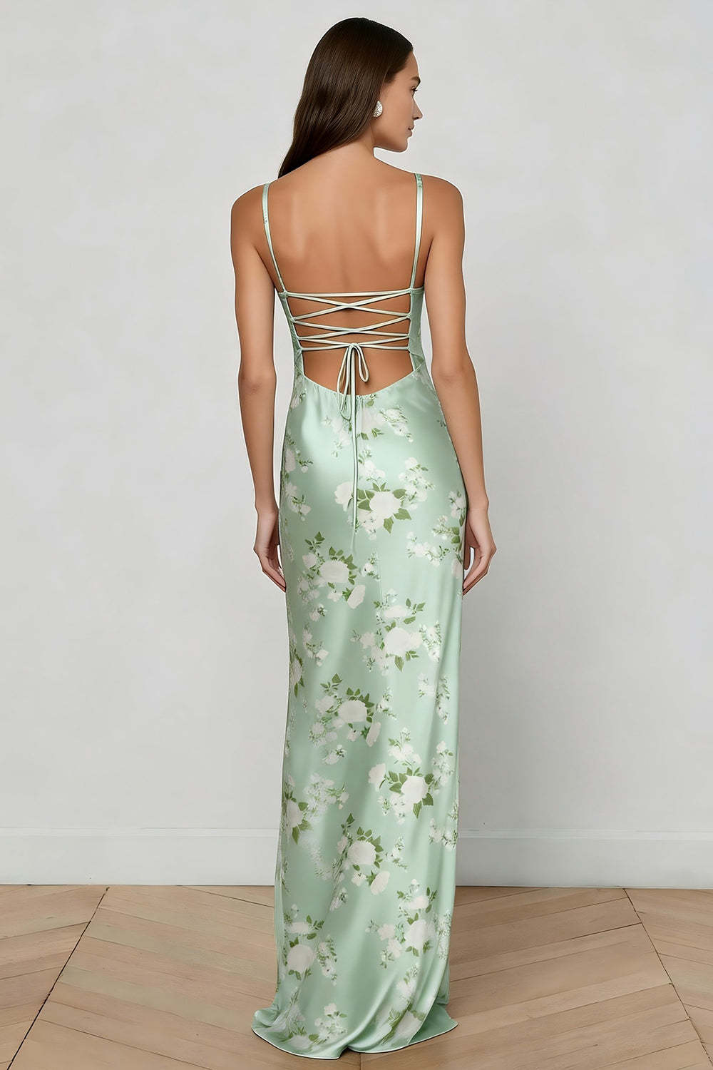Floral Sage Green Spaghetti Straps Maxi Corset Bridesmaid Dress
