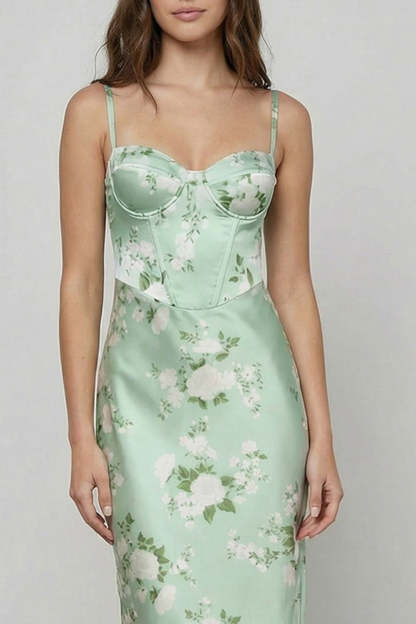 Floral Sage Green Spaghetti Straps Maxi Corset Bridesmaid Dress