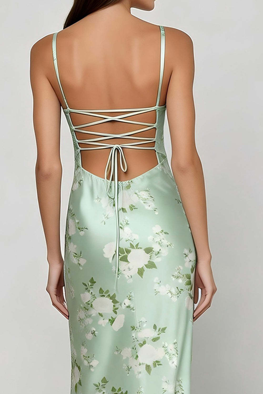 Floral Sage Green Spaghetti Straps Maxi Corset Bridesmaid Dress