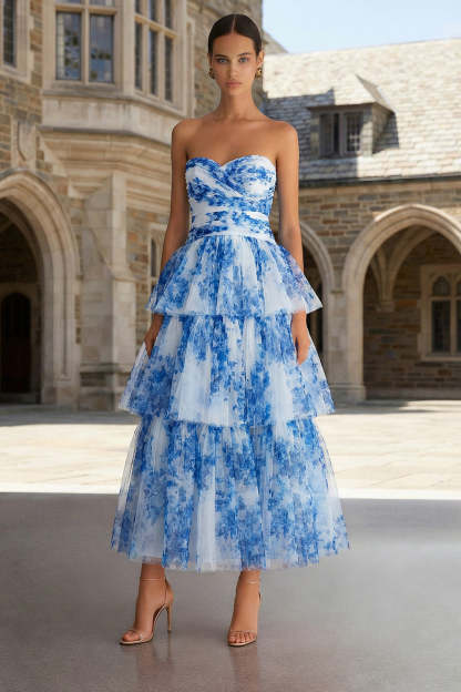 Leely Women Floral White and Blue Maxi Prom Dress Ruffled Sweetheart Tiered Wedding Guest Dress
