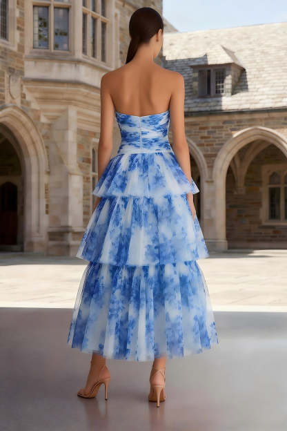 Floral White and Blue Ruffled Sweetheart Tiered Maxi Prom Dress
