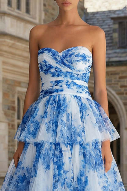 Floral White and Blue Ruffled Sweetheart Tiered Maxi Prom Dress