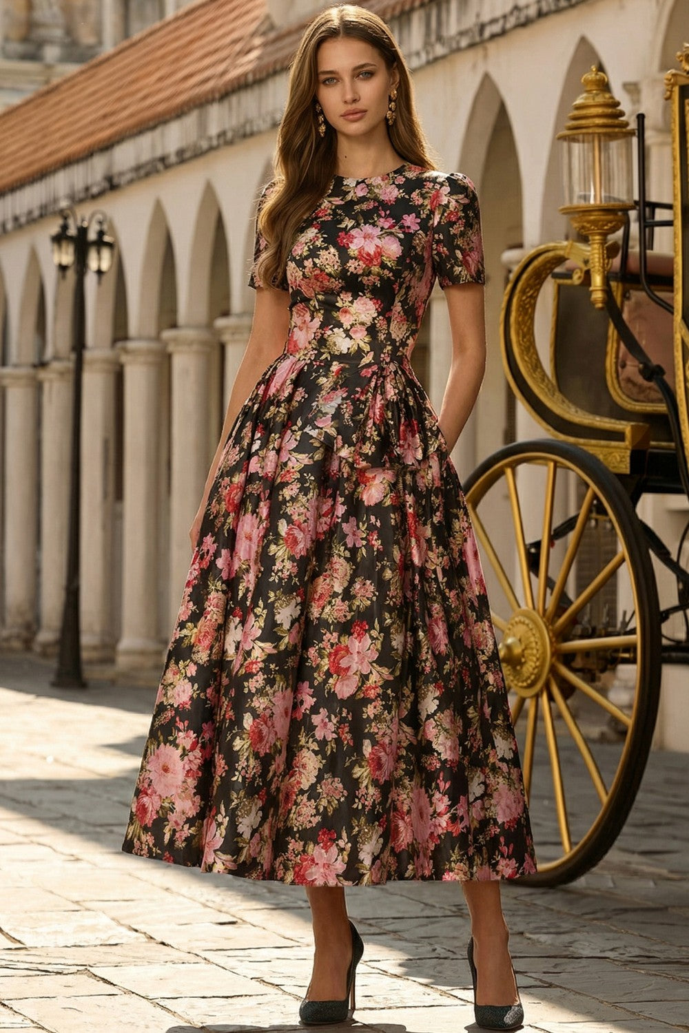 Floral Black and Pink Crew Neck Ball Gown Maxi Wedding Guest Dress