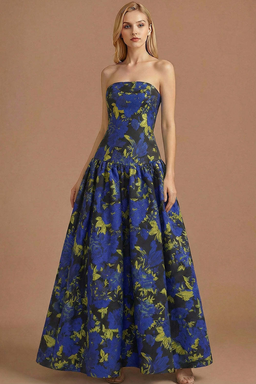 Blue Daffodil Floral Jacquard A Line Basque Waist Maxi Prom Dress
