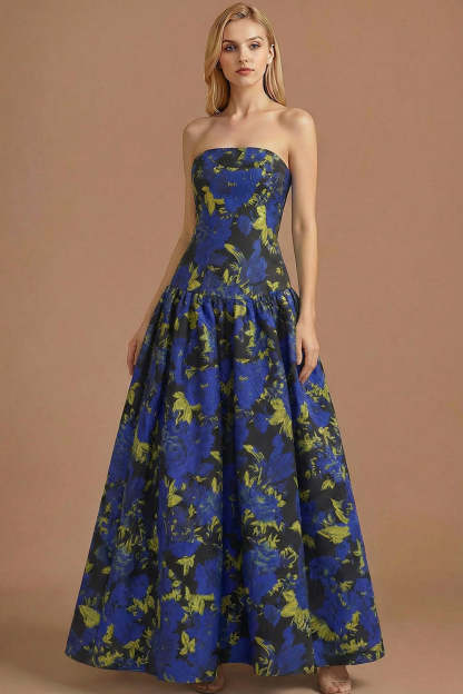 Blue Daffodil Floral Jacquard A Line Basque Waist Maxi Prom Dress