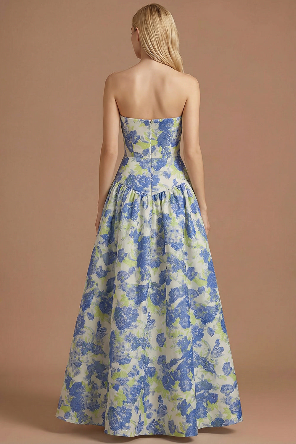Blue Daffodil Floral Jacquard A Line Basque Waist Maxi Prom Dress