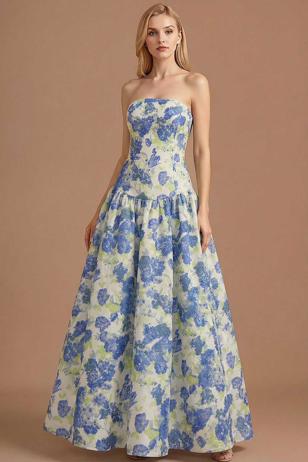 Blue Daffodil Floral Jacquard A Line Basque Waist Maxi Prom Dress