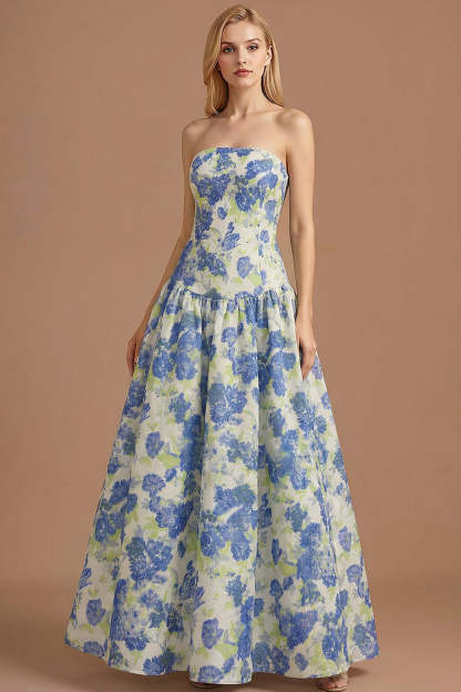 Blue Daffodil Floral Jacquard A Line Basque Waist Maxi Prom Dress