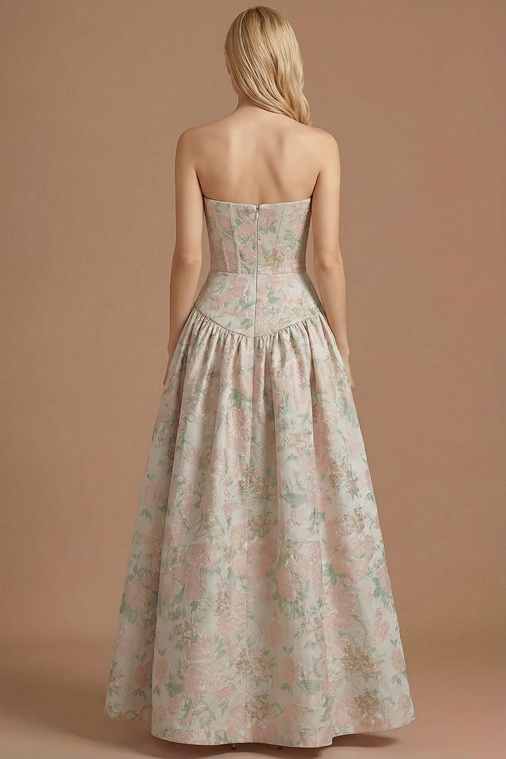 Blue Daffodil Floral Jacquard A Line Basque Waist Maxi Prom Dress