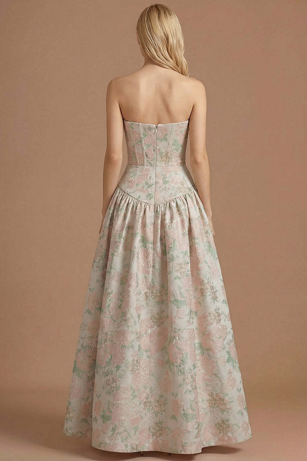 Blue Daffodil Floral Jacquard A Line Basque Waist Maxi Prom Dress