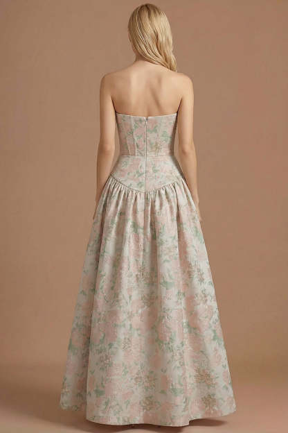 Blue Daffodil Floral Jacquard A Line Basque Waist Maxi Prom Dress