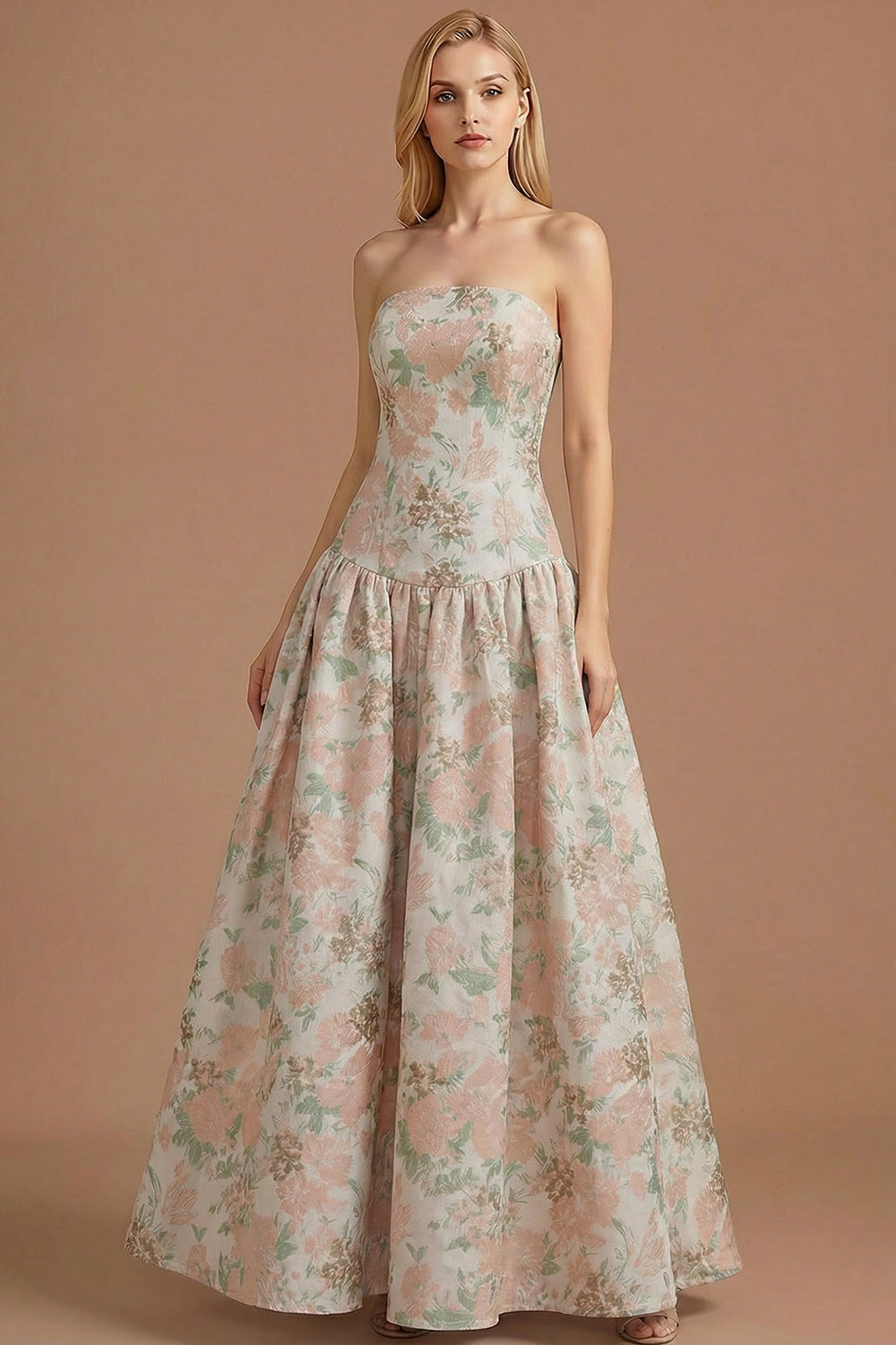 Blue Daffodil Floral Jacquard A Line Basque Waist Maxi Prom Dress