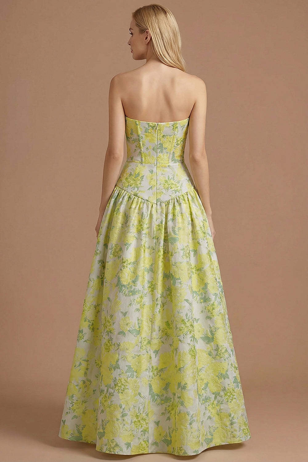 Blue Daffodil Floral Jacquard A Line Basque Waist Maxi Prom Dress