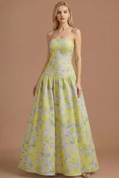 Leely Women Blue Daffodil Floral Jacquard Maxi Prom Dress A Line Basque Waist Strapless Backless Formal Dress