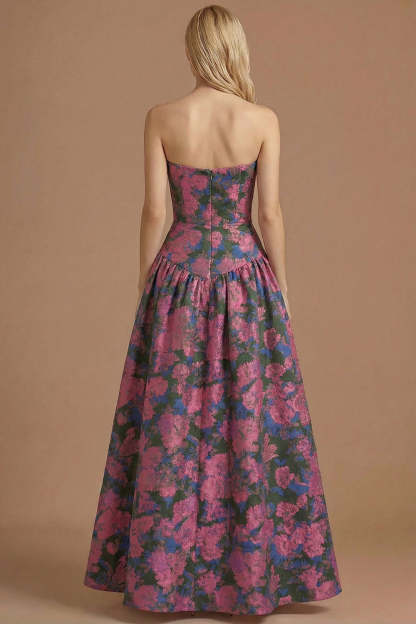 Blue Daffodil Floral Jacquard A Line Basque Waist Maxi Prom Dress