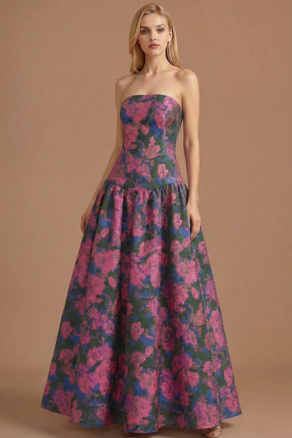 Blue Daffodil Floral Jacquard A Line Basque Waist Maxi Prom Dress