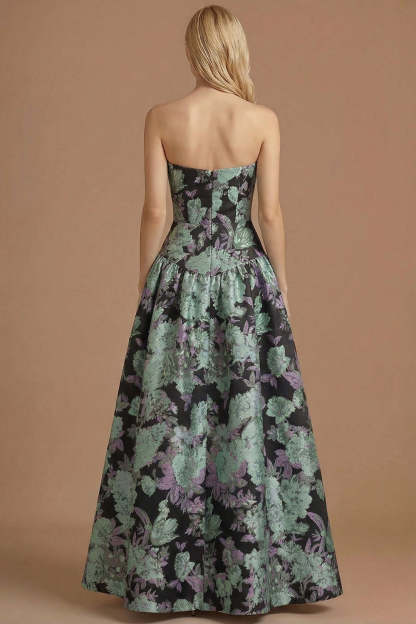 Blue Daffodil Floral Jacquard A Line Basque Waist Maxi Prom Dress