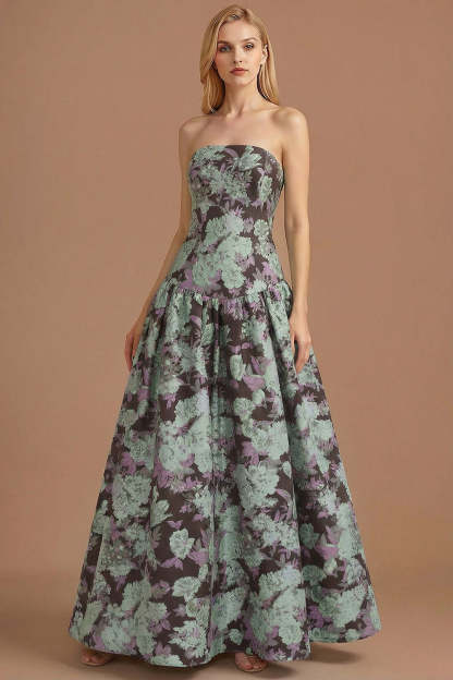 Blue Daffodil Floral Jacquard A Line Basque Waist Maxi Prom Dress