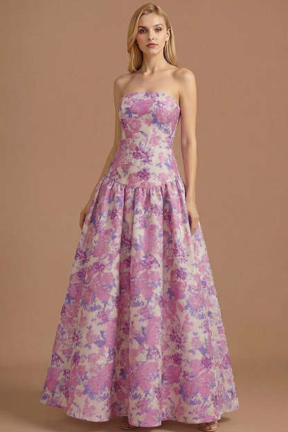 Blue Daffodil Floral Jacquard A Line Basque Waist Maxi Prom Dress