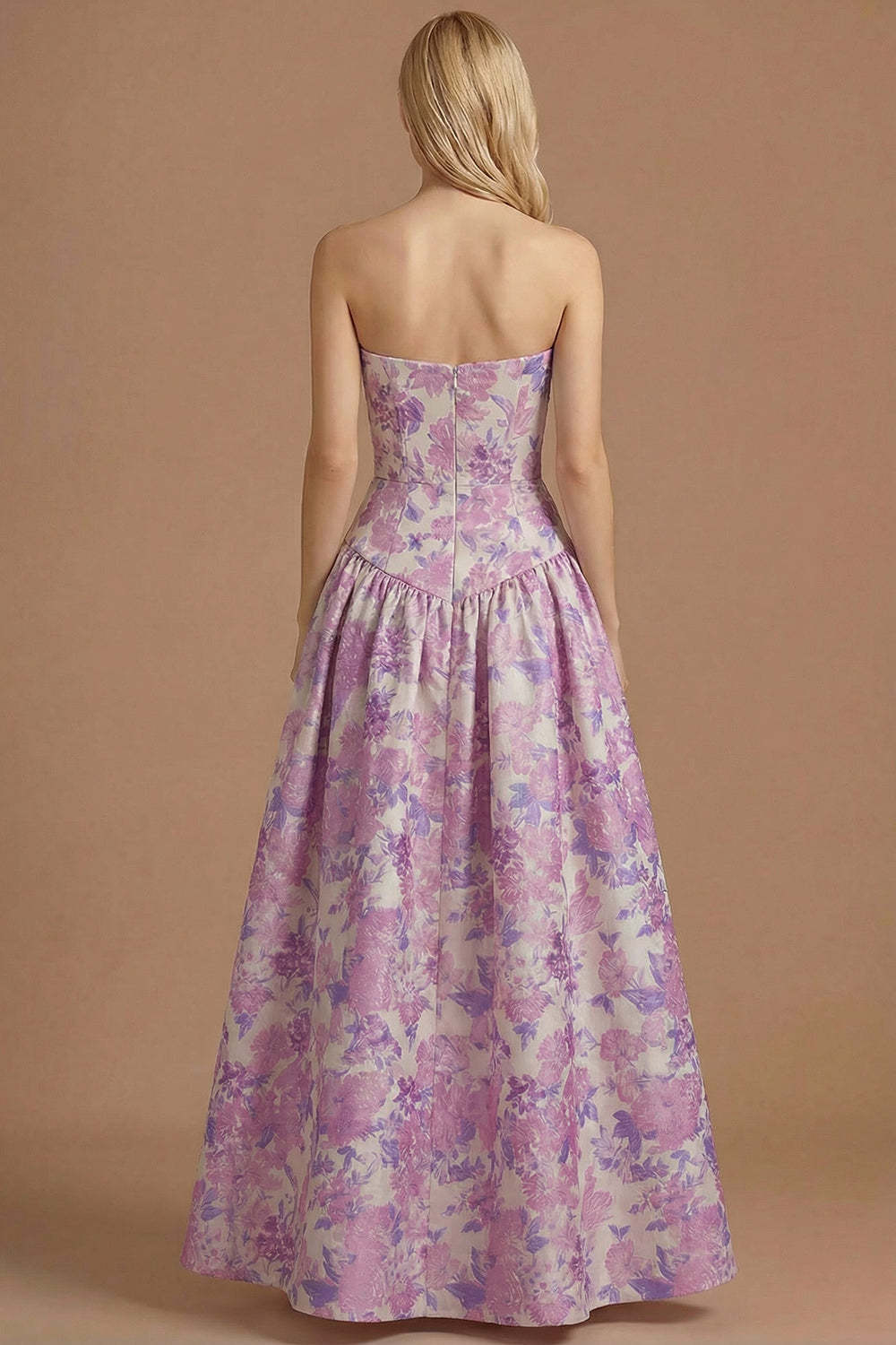 Blue Daffodil Floral Jacquard A Line Basque Waist Maxi Prom Dress