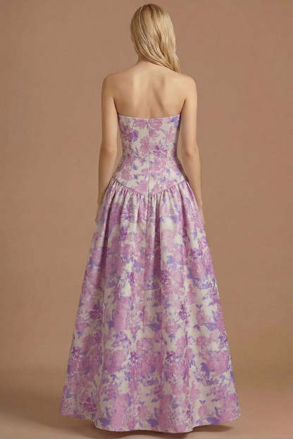 Blue Daffodil Floral Jacquard A Line Basque Waist Maxi Prom Dress