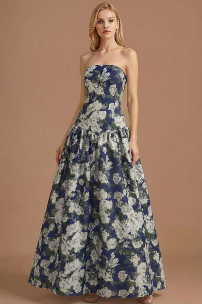 Blue Daffodil Floral Jacquard A Line Basque Waist Maxi Prom Dress