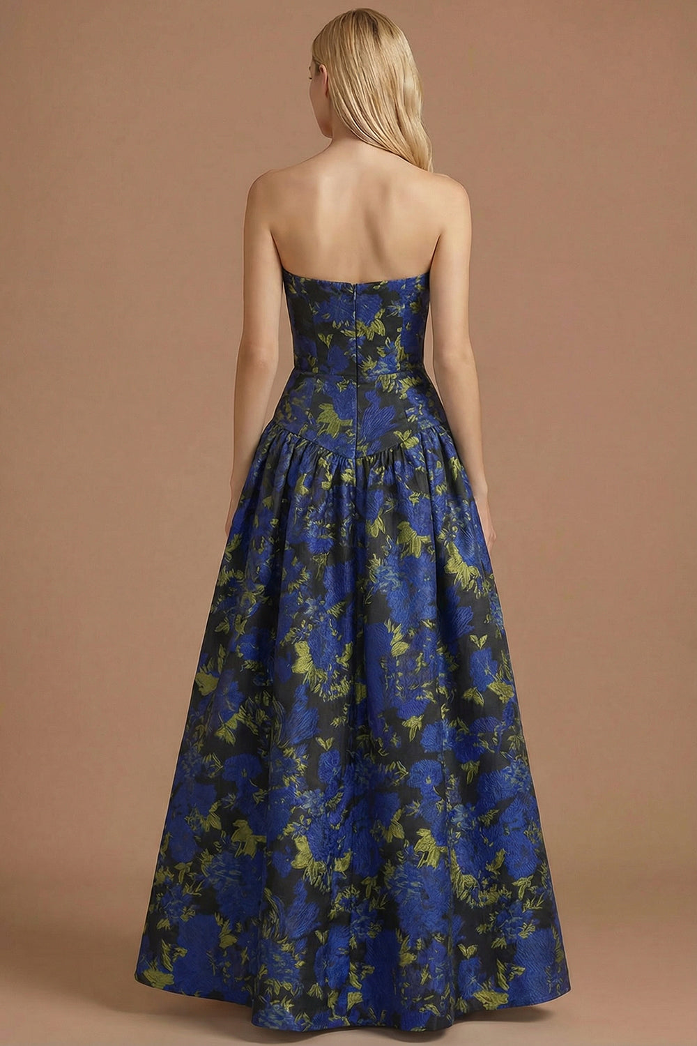 Blue Daffodil Floral Jacquard A Line Basque Waist Maxi Prom Dress