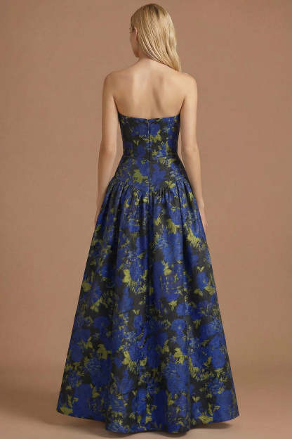 Blue Daffodil Floral Jacquard A Line Basque Waist Maxi Prom Dress