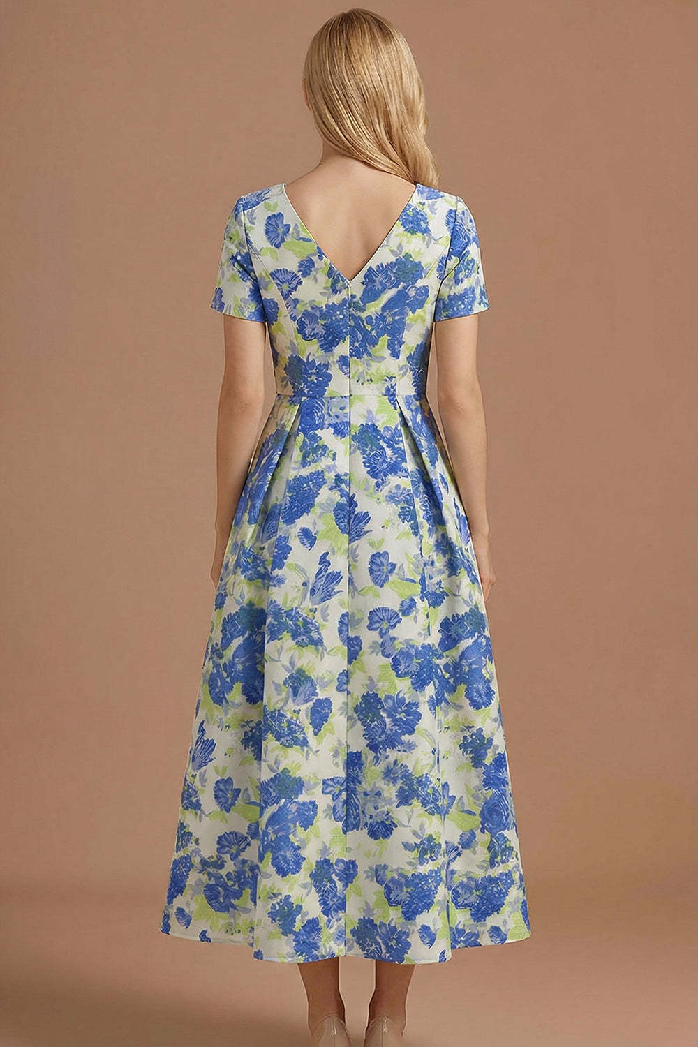 A Line Blue Daffodil Floral Jacquard V Neck Maxi Prom Dress