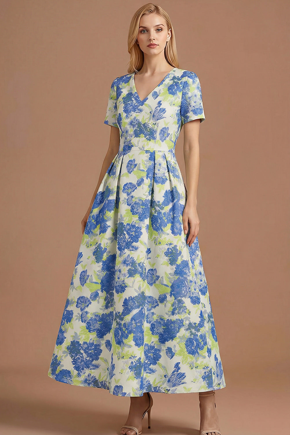 A Line Blue Daffodil Floral Jacquard V Neck Maxi Prom Dress