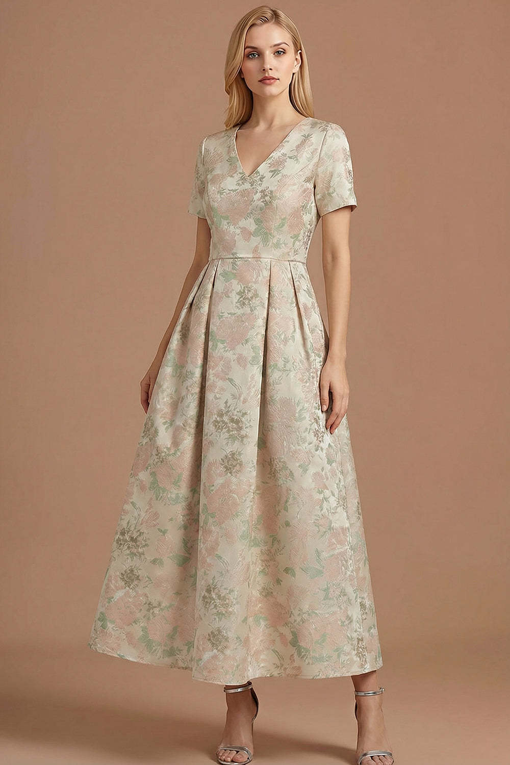 A Line Blue Daffodil Floral Jacquard V Neck Maxi Prom Dress