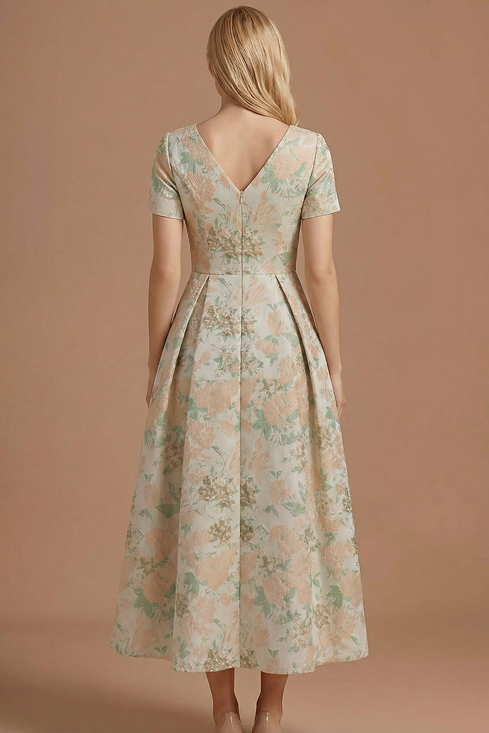 A Line Blue Daffodil Floral Jacquard V Neck Maxi Prom Dress