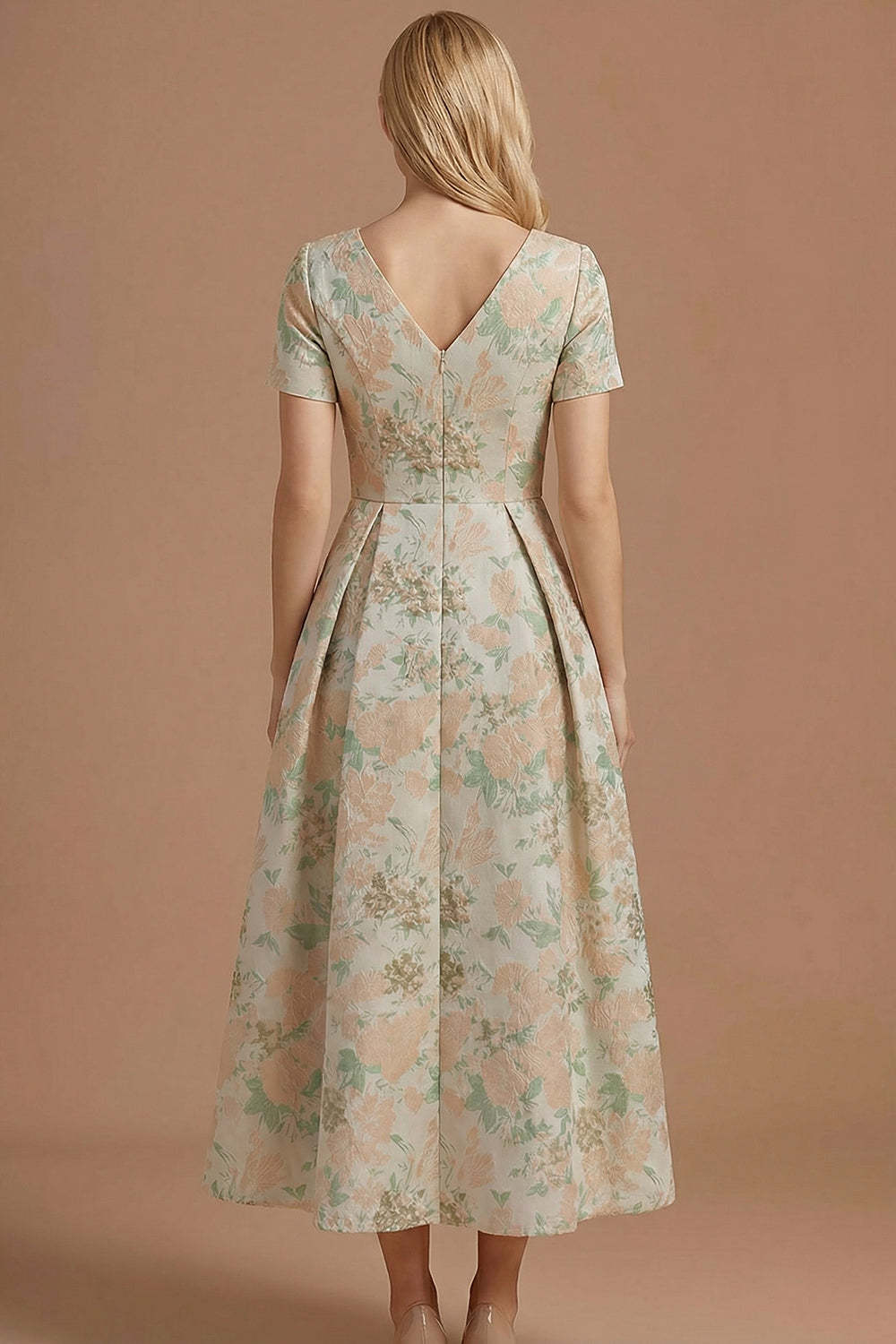 A Line Blue Daffodil Floral Jacquard V Neck Maxi Prom Dress