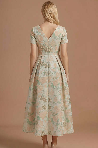 A Line Blue Daffodil Floral Jacquard V Neck Maxi Prom Dress