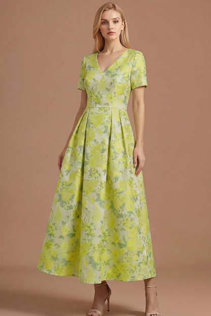 A Line Blue Daffodil Floral Jacquard V Neck Maxi Prom Dress