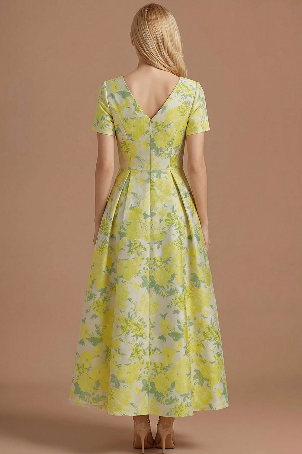 A Line Blue Daffodil Floral Jacquard V Neck Maxi Prom Dress