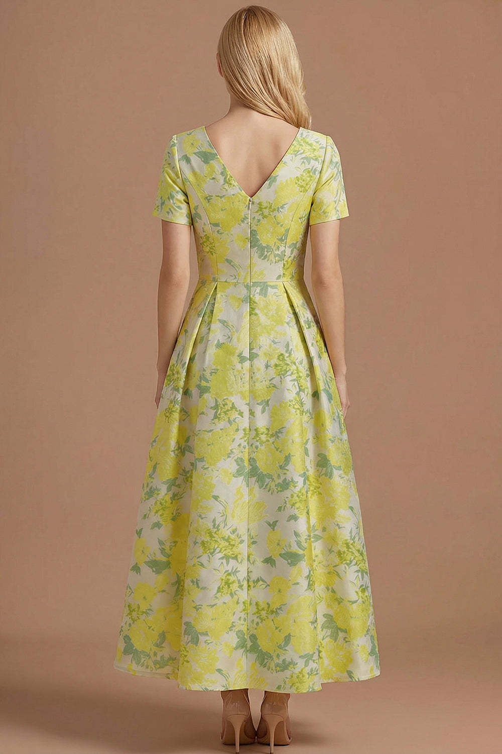 A Line Blue Daffodil Floral Jacquard V Neck Maxi Prom Dress