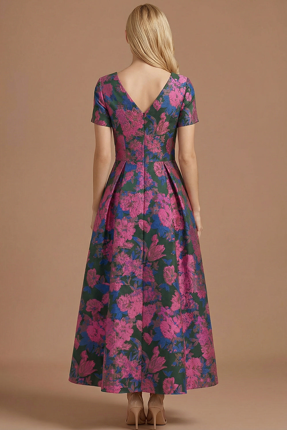 A Line Blue Daffodil Floral Jacquard V Neck Maxi Prom Dress