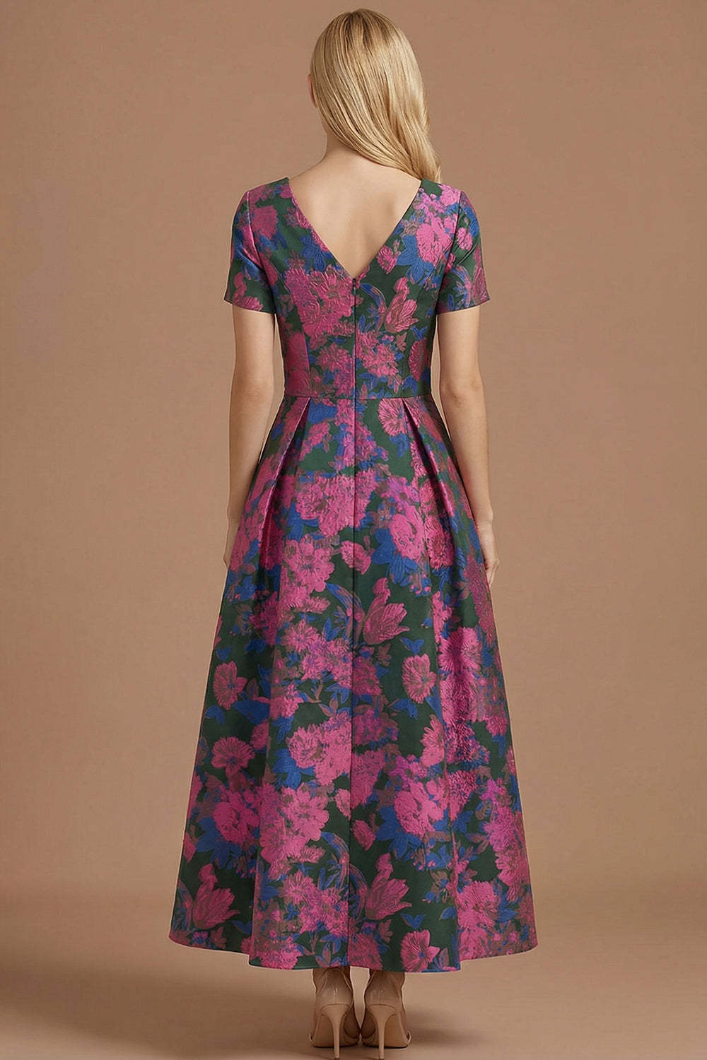 A Line Blue Daffodil Floral Jacquard V Neck Maxi Prom Dress