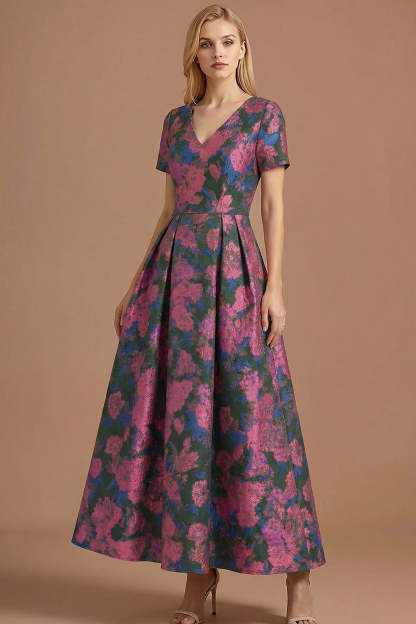 A Line Blue Daffodil Floral Jacquard V Neck Maxi Prom Dress