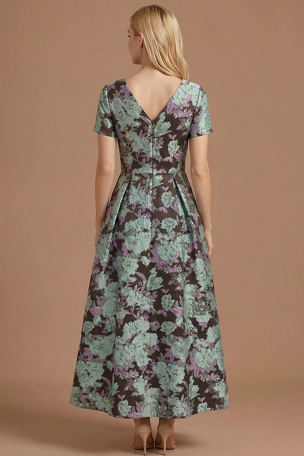 A Line Blue Daffodil Floral Jacquard V Neck Maxi Prom Dress