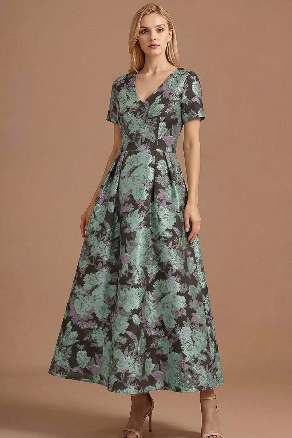 A Line Blue Daffodil Floral Jacquard V Neck Maxi Prom Dress